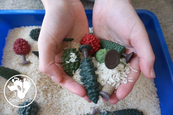 Tree & Rice Sensory Bin - a simple tree sensory bin with trees and rice for Arbor Day or Earth Day or any tree theme - 3Dinosaurs.com