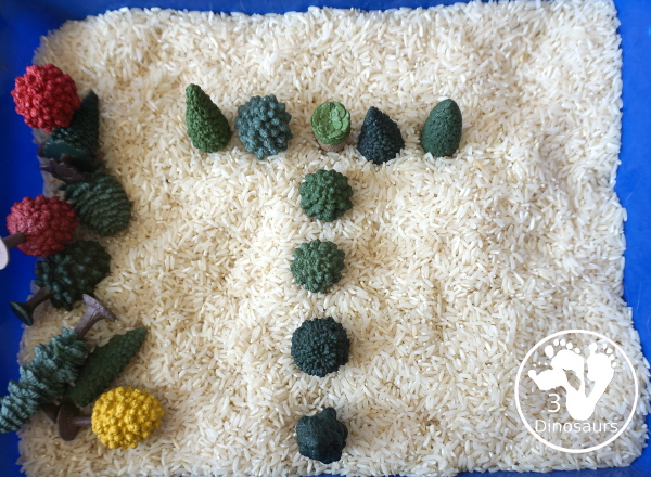 Tree & Rice Sensory Bin - a simple tree sensory bin with trees and rice for Arbor Day or Earth Day or any tree theme - 3Dinosaurs.com