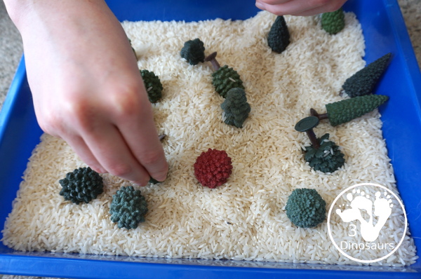 Tree & Rice Sensory Bin - a simple tree sensory bin with trees and rice for Arbor Day or Earth Day or any tree theme - 3Dinosaurs.com