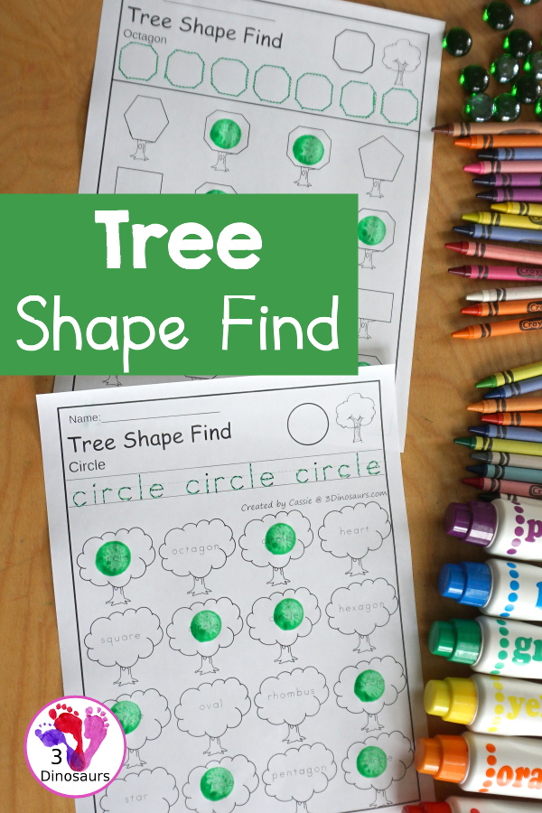 Tree Shape Find Printables has 12 shapes for kids to work on tracing the shapes and finding the shapes with shapes and shape words - 3Dinosaurs.com