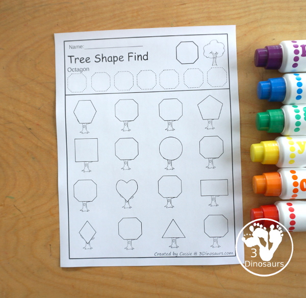 Tree Shape Find Printables has 12 shapes for kids to work on tracing the shapes and finding the shapes with shapes and shape words - 3Dinosaurs.com