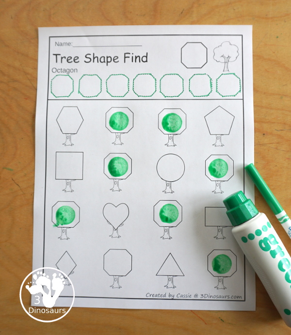 Tree Shape Find Printables has 12 shapes for kids to work on tracing the shapes and finding the shapes with shapes and shape words - 3Dinosaurs.com