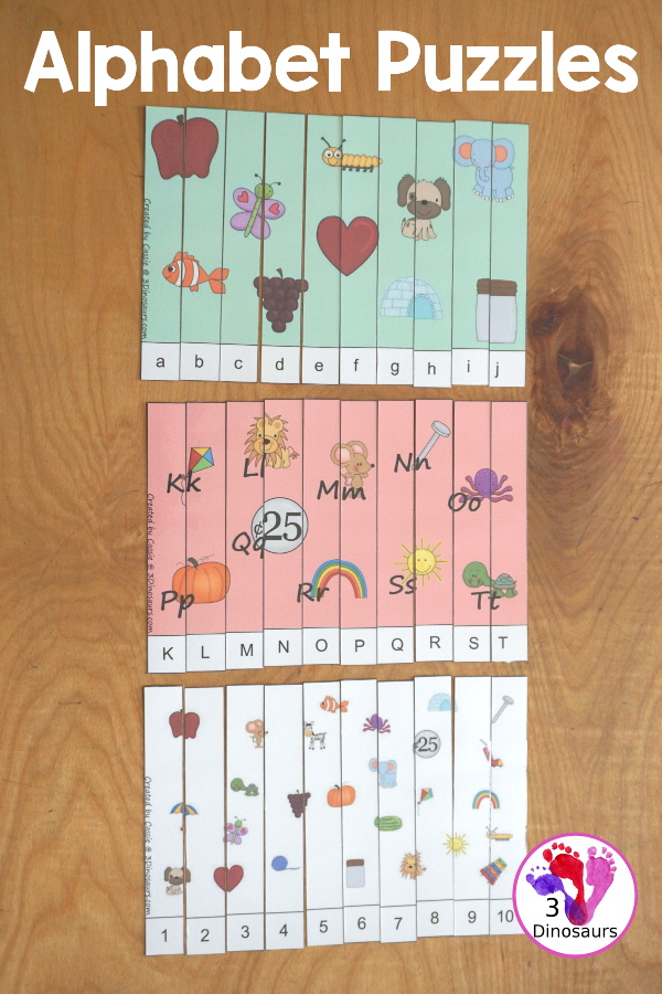 Free ABC 10 Piece Puzzles Printables - 10 piece puzzle with alphabetical order for the puzzles with uppercase letters, and lowercase letter, and numbers 1 to 10 and 11 to 20 - 3Dinosaurs.com