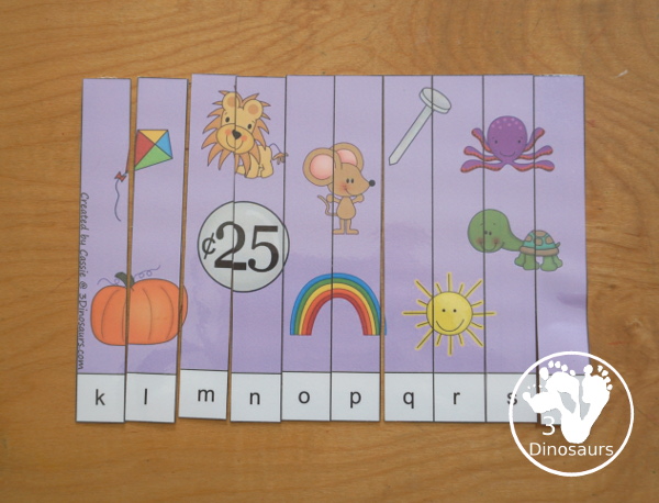 Free ABC 10 Piece Puzzles Printables - 10 piece puzzle with alphabetical order for the puzzles with uppercase letters, and lowercase letter, and numbers 1 to 10 and 11 to 20 - 3Dinosaurs.com