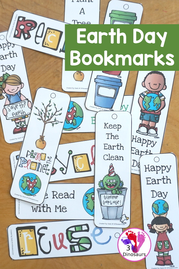 Free Earth Day Bookmarks - 12 different bookmarks for kids - They have different Earth Day themes with horizontal and vertical bookmarks. - 3Dinosaurs.com