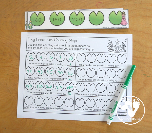 Free Frog Prince Skip Counting Strips Printables - 4 skip counting strips for skip counting by 2, 5 and 10. Easy way to work on skip counting forward and then skip counting the missing numbers or writing them on the strips with a matching worksheet. - 3Dinosaurs.com
