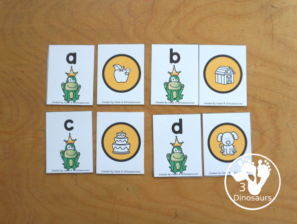 Free Frog Prince ABC Matching Printable - you have an uppercase letter with matching lowercase letter and picture with a beginning sound. A fun letter activity for the Frog Prince Story.  3Dinosaurs.com