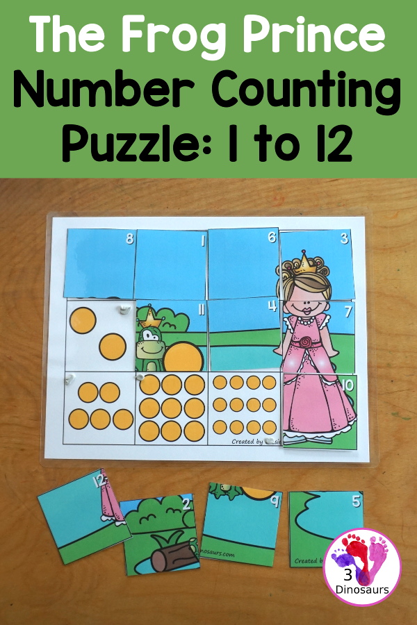 Free Frog Prince Number Counting Puzzle Printable - a number puzzle for 1 to 12 with counting golden balls on the puzzle mat and matching numbers on the puzzle pieces. A great prek and kindergarten puzzle for kids. - 3Dinosaurs.com