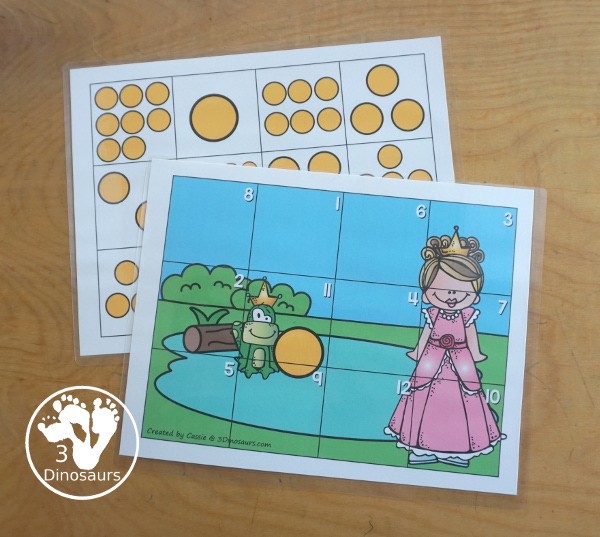 Free Frog Prince Number Counting Puzzle Printable - a number puzzle for 1 to 12 with counting golden balls on the puzzle mat and matching numbers on the puzzle pieces. A great prek and kindergarten puzzle for kids. - 3Dinosaurs.com