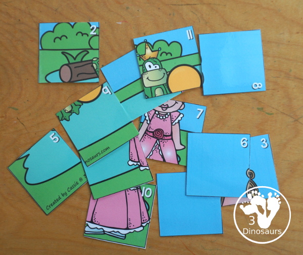 Free Frog Prince Number Counting Puzzle Printable - a number puzzle for 1 to 12 with counting golden balls on the puzzle mat and matching numbers on the puzzle pieces. A great prek and kindergarten puzzle for kids. - 3Dinosaurs.com