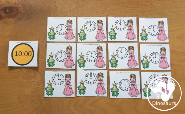 Free Frog Prince Telling Time Matching Cards - with hourly matching cards with analog clock and digital clock with 12 matching cards for each of the hours on a clock  - 3Dinosaurs.com