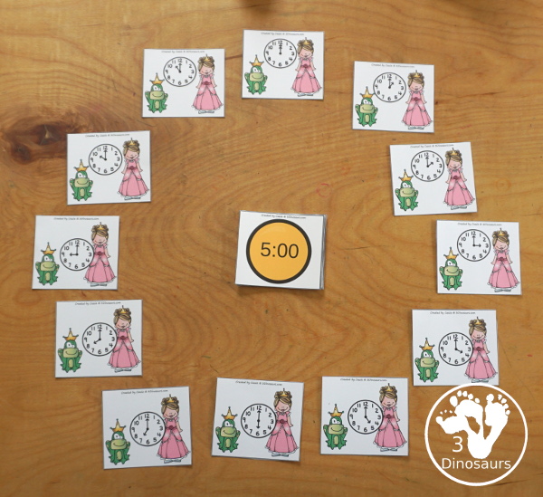 Free Frog Prince Telling Time Matching Cards - with hourly matching cards with analog clock and digital clock with 12 matching cards for each of the hours on a clock  - 3Dinosaurs.com