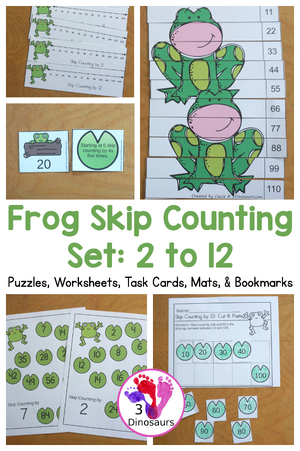 Frog Skip Counting Set - with no-prep frog worksheets, frog skip counting mats, frog skip counting 10 piece puzzles, and frog task cards to work on skip counting from 2 to 12 - 3Dinosaurs.com
