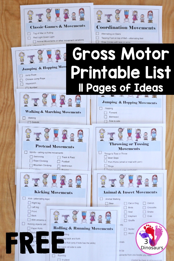 Gross Motor Printable List with  12 pages of gross motor activities to do - animal movements, tossing, coordination, kicking, hoping, jumping, games, dance and more - 3Dinosaurs.com