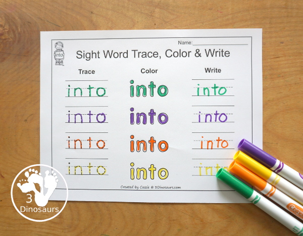 Free Romping & Roaring Primer Sight Words: have, he, into, like. You have six pages of printables for each sight word. You have reading, sight word playdough mats, sigh word handwriting, sight word dot marker words and more - 3Dinosaurs.com