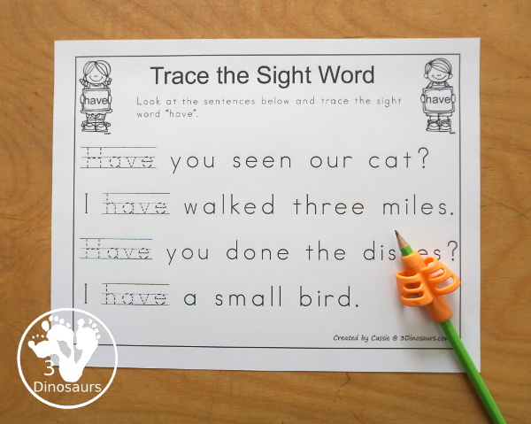 Free Romping & Roaring Primer Sight Words: have, he, into, like. You have six pages of printables for each sight word. You have reading, sight word playdough mats, sigh word handwriting, sight word dot marker words and more - 3Dinosaurs.com