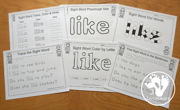 Free Romping & Roaring Primer Sight Words: have, he, into, like. You have six pages of printables for each sight word. You have reading, sight word playdough mats, sigh word handwriting, sight word dot marker words and more - 3Dinosaurs.com