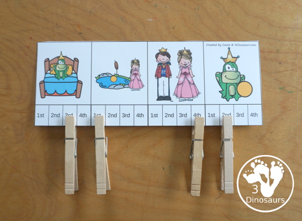 Sequencing: Frog Prince - A fun way to learn the Frog Prince story with 4 steps with writing, easy reader book, clip cards, order of event cards, and cut and paste worksheet. A great sequencing story set for kids. 3Dinosaurs.com