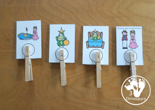 Sequencing: Frog Prince - A fun way to learn the Frog Prince story with 4 steps with writing, easy reader book, clip cards, order of event cards, and cut and paste worksheet. A great sequencing story set for kids. 3Dinosaurs.com