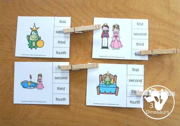 Sequencing: Frog Prince - A fun way to learn the Frog Prince story with 4 steps with writing, easy reader book, clip cards, order of event cards, and cut and paste worksheet. A great sequencing story set for kids. 3Dinosaurs.com