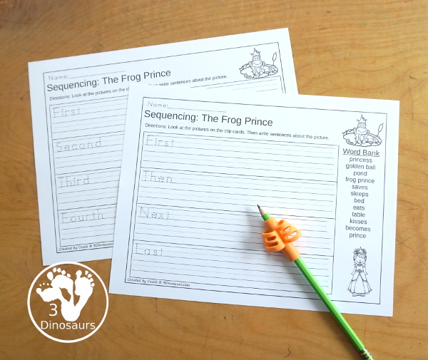 Sequencing: Frog Prince - A fun way to learn the Frog Prince story with 4 steps with writing, easy reader book, clip cards, order of event cards, and cut and paste worksheet. A great sequencing story set for kids. 3Dinosaurs.com
