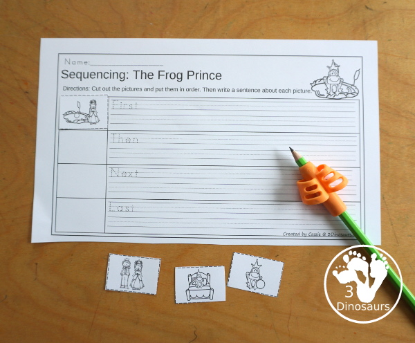 Sequencing: Frog Prince - A fun way to learn the Frog Prince story with 4 steps with writing, easy reader book, clip cards, order of event cards, and cut and paste worksheet. A great sequencing story set for kids. 3Dinosaurs.com
