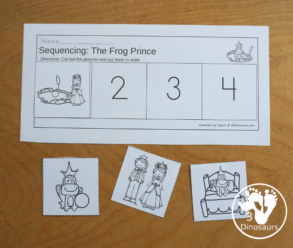 Sequencing: Frog Prince - A fun way to learn the Frog Prince story with 4 steps with writing, easy reader book, clip cards, order of event cards, and cut and paste worksheet. A great sequencing story set for kids. 3Dinosaurs.com