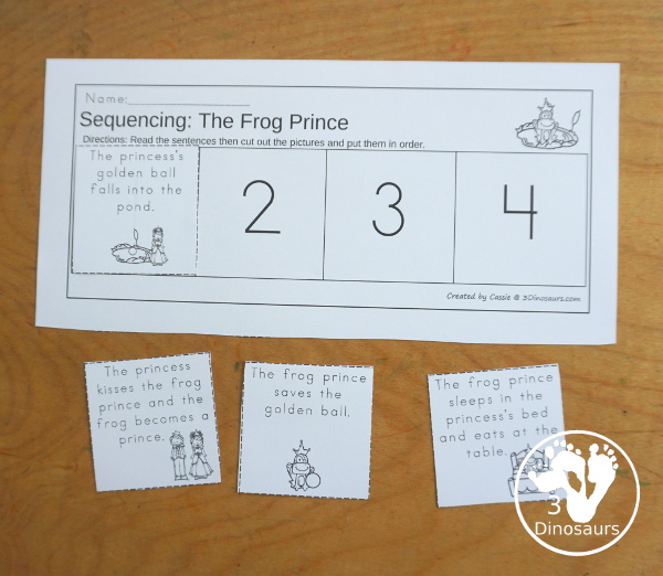 Sequencing: Frog Prince - A fun way to learn the Frog Prince story with 4 steps with writing, easy reader book, clip cards, order of event cards, and cut and paste worksheet. A great sequencing story set for kids. 3Dinosaurs.com