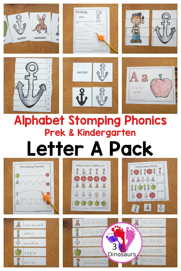 Free Alphabet Stomping Phonics A PreK-Kinder Pack - a fun letter pack with cards, puzzles, pictures, matching, color and all working on the Letter A. An easy, fun learning pack for the Letter A. - 3Dinosaurs.com
