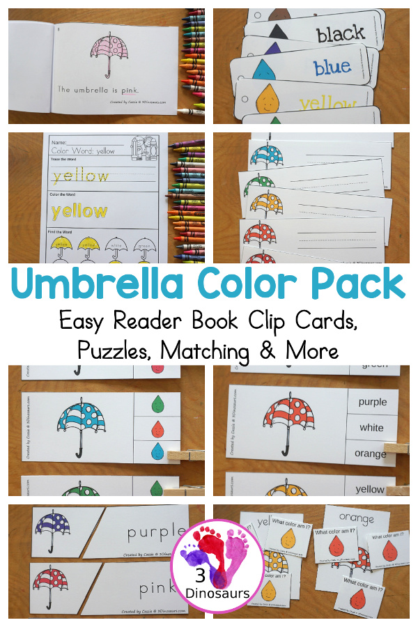 Umbrella Color Pack - You have fun colored umbrellas and raindrops for this fun spring color pack theme.  You have easy reader book, clip cards, cards, writing, tracing and more in this fun spring color pack. 3Dinosaurs.com