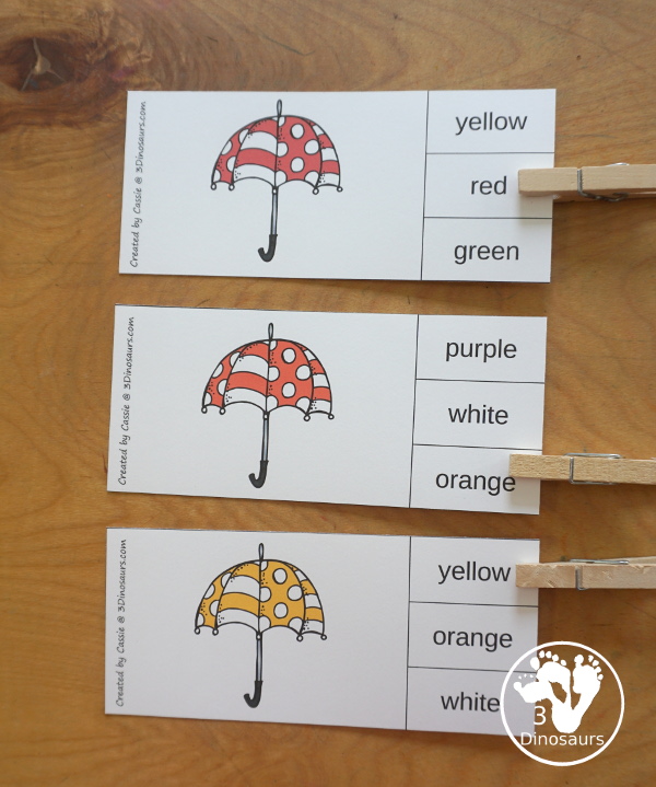 Umbrella Color Pack - You have fun colored umbrellas and raindrops for this fun spring color pack theme.  You have easy reader book, clip cards, cards, writing, tracing and more in this fun spring color pack. 3Dinosaurs.com