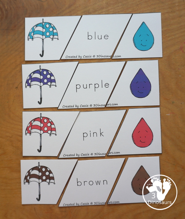 Umbrella Color Pack - You have fun colored umbrellas and raindrops for this fun spring color pack theme.  You have easy reader book, clip cards, cards, writing, tracing and more in this fun spring color pack. 3Dinosaurs.com