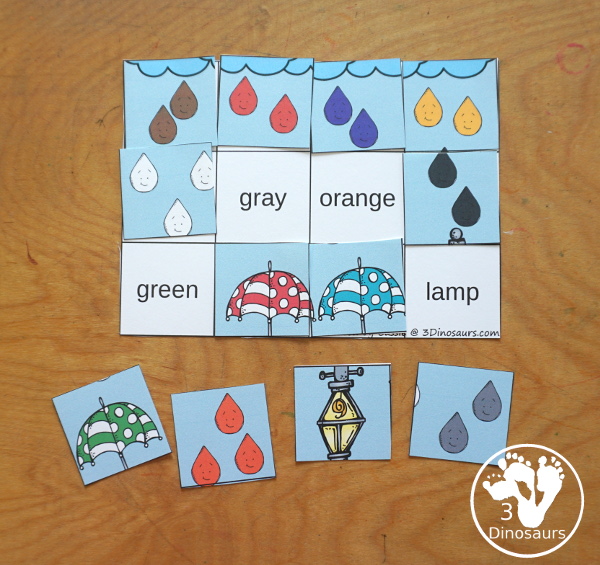 Umbrella Color Pack - You have fun colored umbrellas and raindrops for this fun spring color pack theme.  You have easy reader book, clip cards, cards, writing, tracing and more in this fun spring color pack. 3Dinosaurs.com