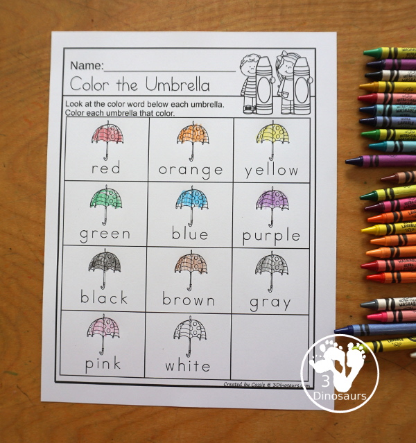 Umbrella Color Pack - You have fun colored umbrellas and raindrops for this fun spring color pack theme.  You have easy reader book, clip cards, cards, writing, tracing and more in this fun spring color pack. 3Dinosaurs.com