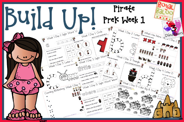 Build Up Summer Learning: Week 1 Pirate - PreK: Alphabet: A, B, C, D, E; Sight Words: a, is, little, the, where; Shapes: circle, square, triangle, oval & rectangle; and an extra learning page for each day - 3Dinosaurs.com