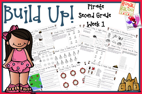 Build Up Summer Learning: Week 1 Pirate - Second Grade: Second - Sight Words: always, been, does, read, us; Word Family: - in, -ock, -ing, -ash, -itch; Math and Language - 3Dinosaurs.com