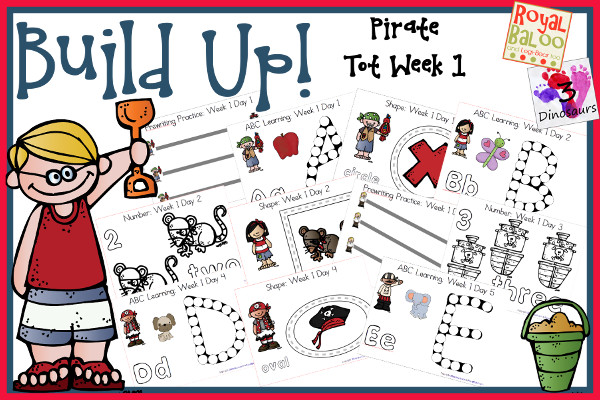 Build Up Summer Learning: Week 1 Pirate - Tot: Prewriting, Alphabet: A, B, C, D, E, Shapes: circle, square, triangle, oval & rectangle, Numbers: 1, 2, 3, 4, 5 - 3Dinosaurs.com