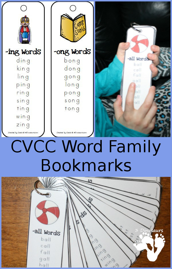 Free CVCC Word Family Bookmarks. 4 Bookmarks per page - The following endings: -all, -ill, -ell, -ull, -ing, -ang, -ung, -ong, -ast, -ist, -ust, -ost, -est, -ack, -ick, -ock, -uck, -and, -end, -ind, -ond, -und, ink, -unk, -onk, -amp, -imp, -ump - 3Dinosaurs.com