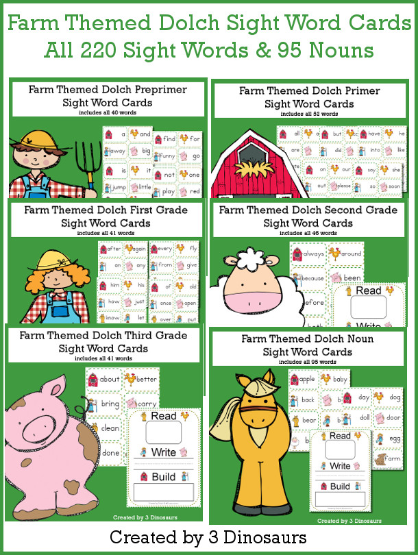 Farm Themed Sight Word Cards - All 220 Dolch Sight Words & 95 Nouns $ - 3Dinosaurs.com