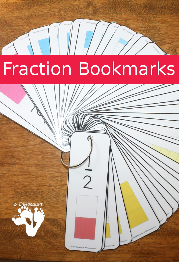 Free Fraction Bookmarks -  13 pages of fractions with 4 bookmarks per page - fractions for 2, 3, 4, 5, 6, 8, 10, 12 - 3Dinosaurs.com