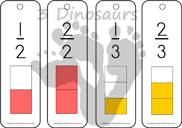Free Fraction Bookmarks -  13 pages of fractions with 4 bookmarks per page - fractions for 2, 3, 4, 5, 6, 8, 10, 12 - 3Dinosaurs.com