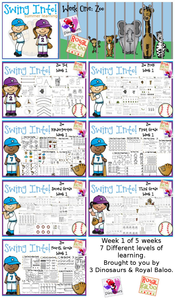 Swing Into Summer Learning: Week 1 Zoo - 5 days of activities with 7 levels of learning: Tot, PreK, Kinder, First Grade, Second Grade, Third Grade and Fourth Grade - including math, language, abcs and more - 4 pages of printables for each day  - 3Dinosaurs.com & RoyalBaloo.com