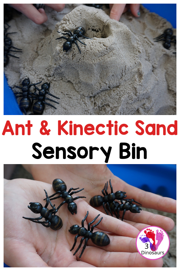 Fun Sensory Play in an Ant & Kinetic Sand Sensory Bin - an easy to set up and play in sensory bin for kids with an ant theme - 3Dinosaurs.com