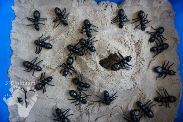 Fun Sensory Play in an Ant & Kinetic Sand Sensory Bin - an easy to set up and play in sensory bin for kids with an ant theme - 3Dinosaurs.com