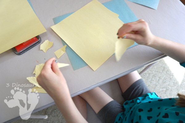 Torn Paper Ant Hills With Fingerprint Ants - Easy to make ant craft for kids. Tearing up the yellow papper - 3Dinosaurs.com