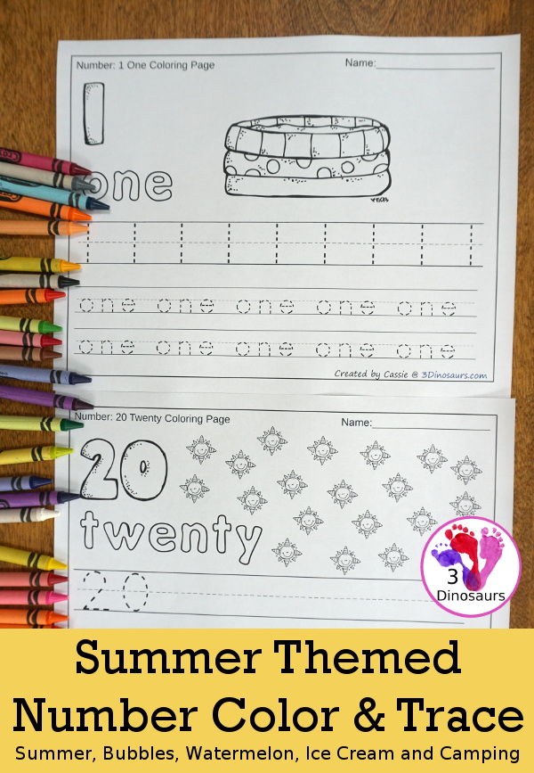 No-Prep SummerThemed Number Color and Trace - easy no-prep printables with 5 sumemr themes: general summer, watermelon, ice cream, bubbles, and camping 44 pages for each set with two options for the numbers tracing or writing $ - 3Dinosaurs.com #noprepprintable #summer #numbersforkids