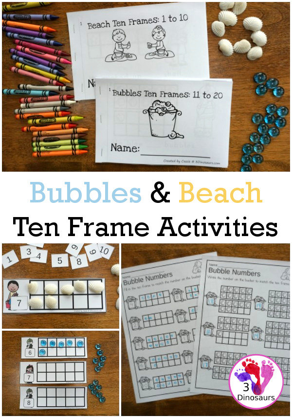 Bubbles & Beach Themed Ten Frame Printables: No-Prep & Hands-On - 168 pages of printables working on ten frame activities for numbers 1 to 20 with hands-on and no-prep: cards, worksheets and easy reader books - 3Dinosaurs.com #handsonmath #teacherspayteachers #tenframe #summerprintablesforkids #printablesforkids