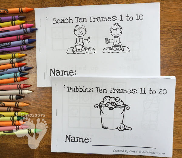 Bubbles & Beach Themed Ten Frame Printables: No-Prep & Hands-On - 168 pages of printables working on ten frame activities for numbers 1 to 20 with hands-on and no-prep: cards, worksheets and easy reader books - 3Dinosaurs.com #handsonmath #teacherspayteachers #tenframe #summerprintablesforkids #printablesforkids