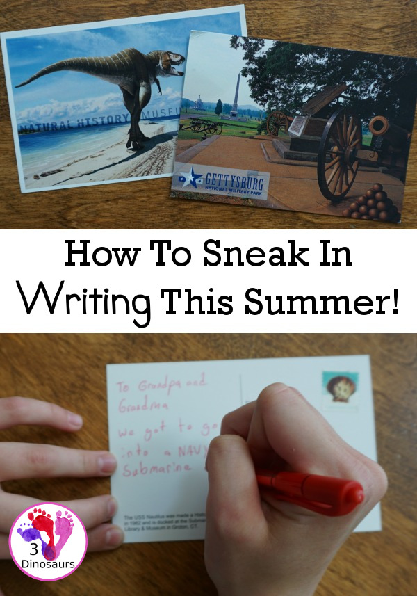 How to Sneak in Writing This Summer! With this sneaky way for writing postcards when kids think it is fun - 3Dinosaurs.com