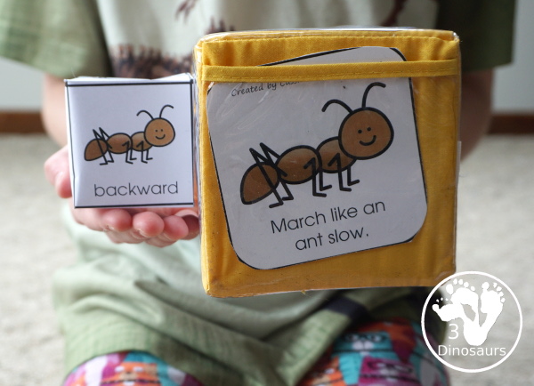 Free Ant Gross Motor Dice - 6 fun marching movements for kids to have fun with - 3Dinosaurs.com #bugsforkids #grossmotor #grossmotordice #freeprintable #3dinosaurs